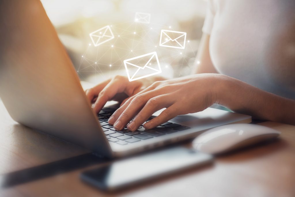 Closeup,Woman,Hand,Using,Laptop,Pc,With,Email,Icon,,Email